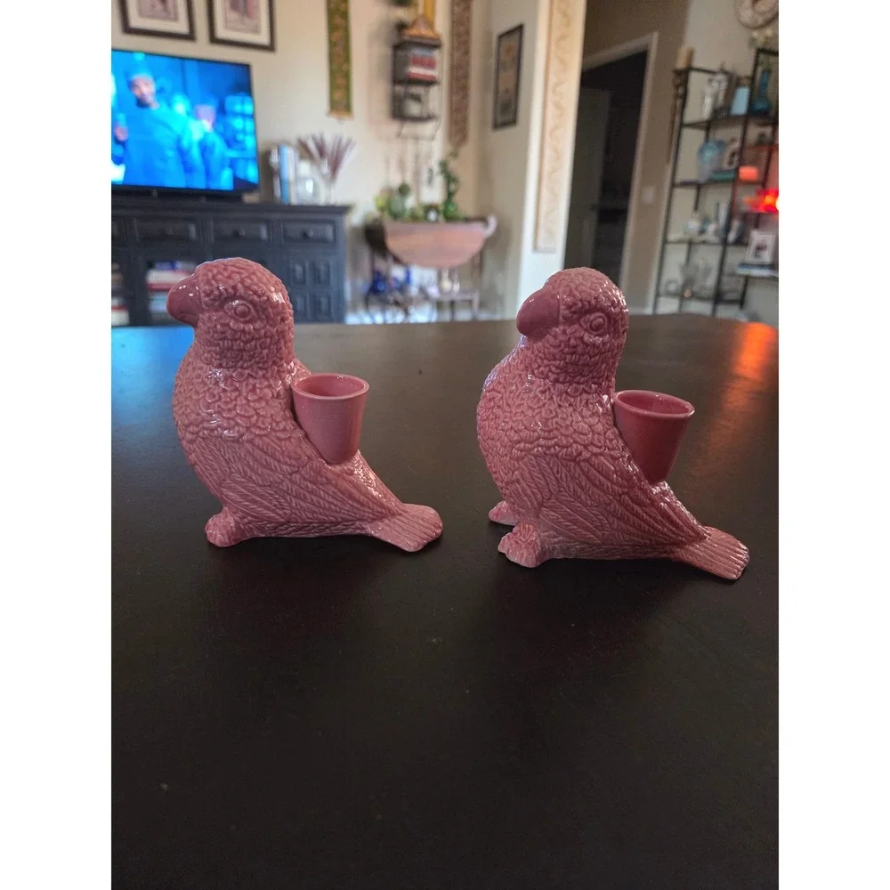 Jones & Co Pink Ceramic Parrot 2 Candle Holders Tropical Coastal Palm Beach